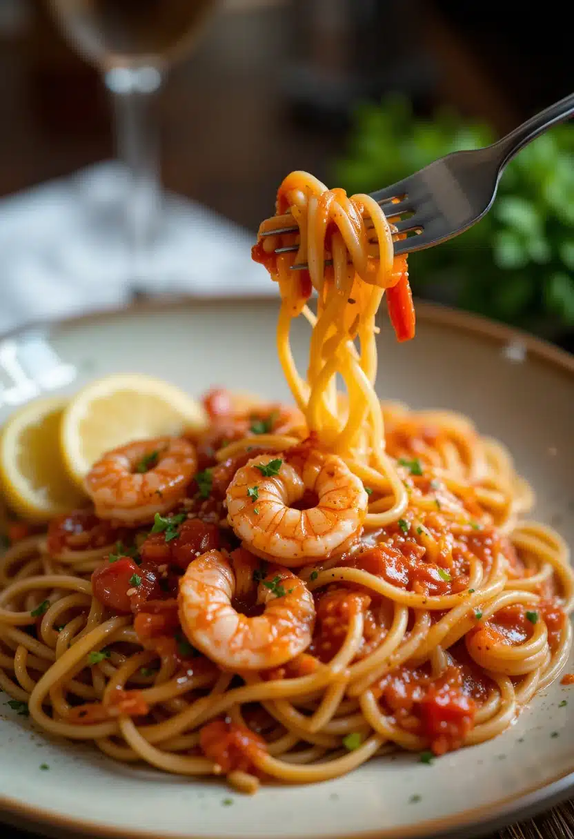 Shrimp with marinara sauce over pasta ready to serve