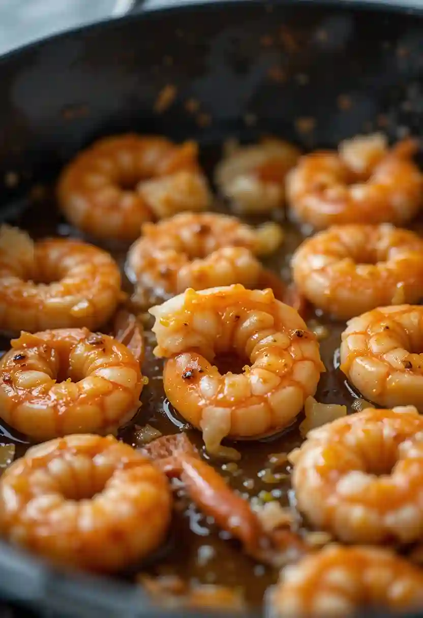 Shrimp cooking in pan with olive oil and garlic