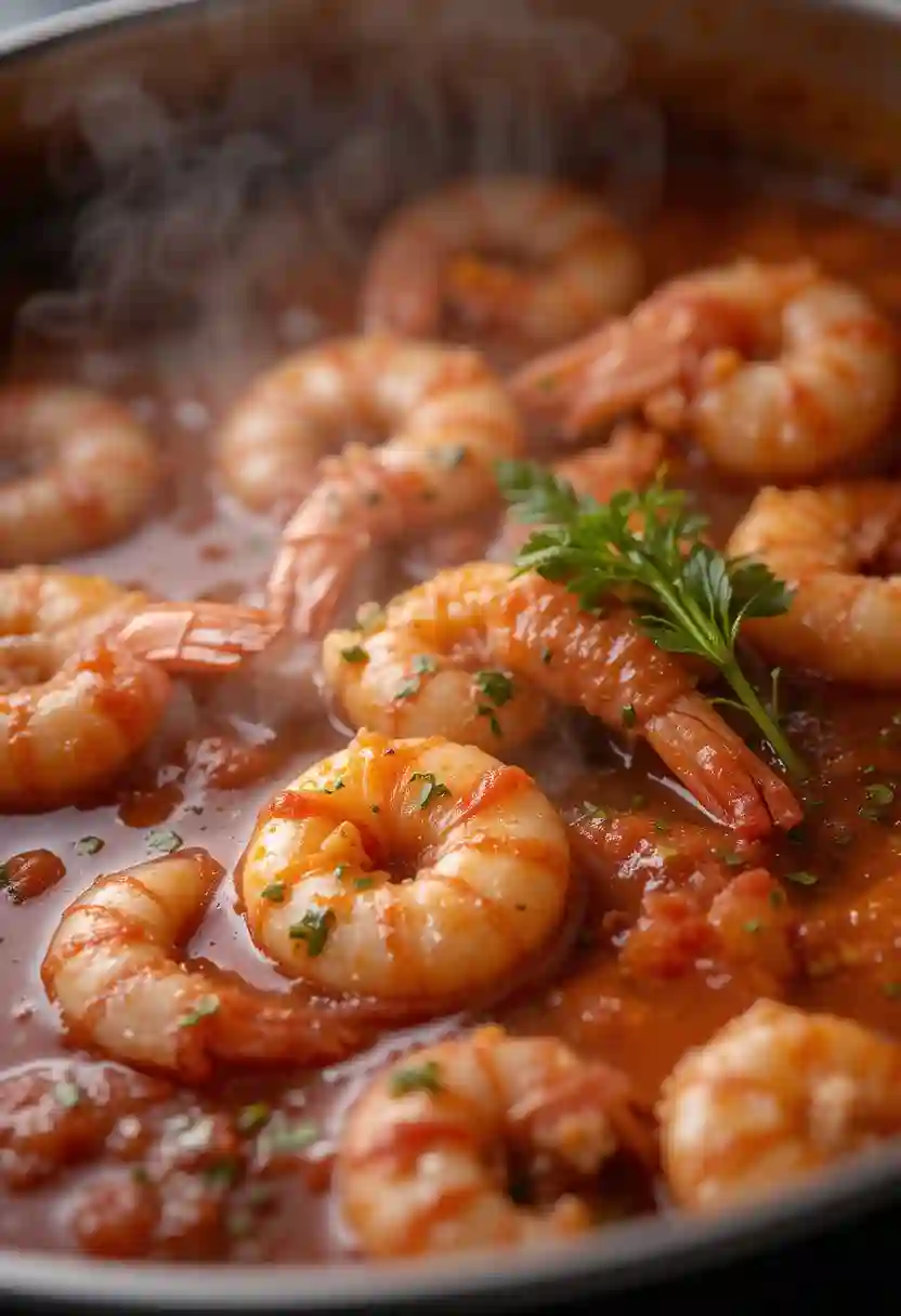 Shrimp simmering in marinara sauce with herbs