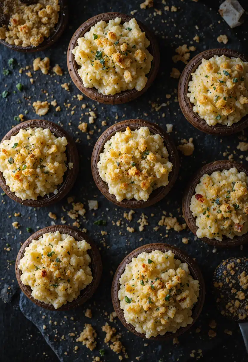 Garlic herb stuffed mushrooms on slate board