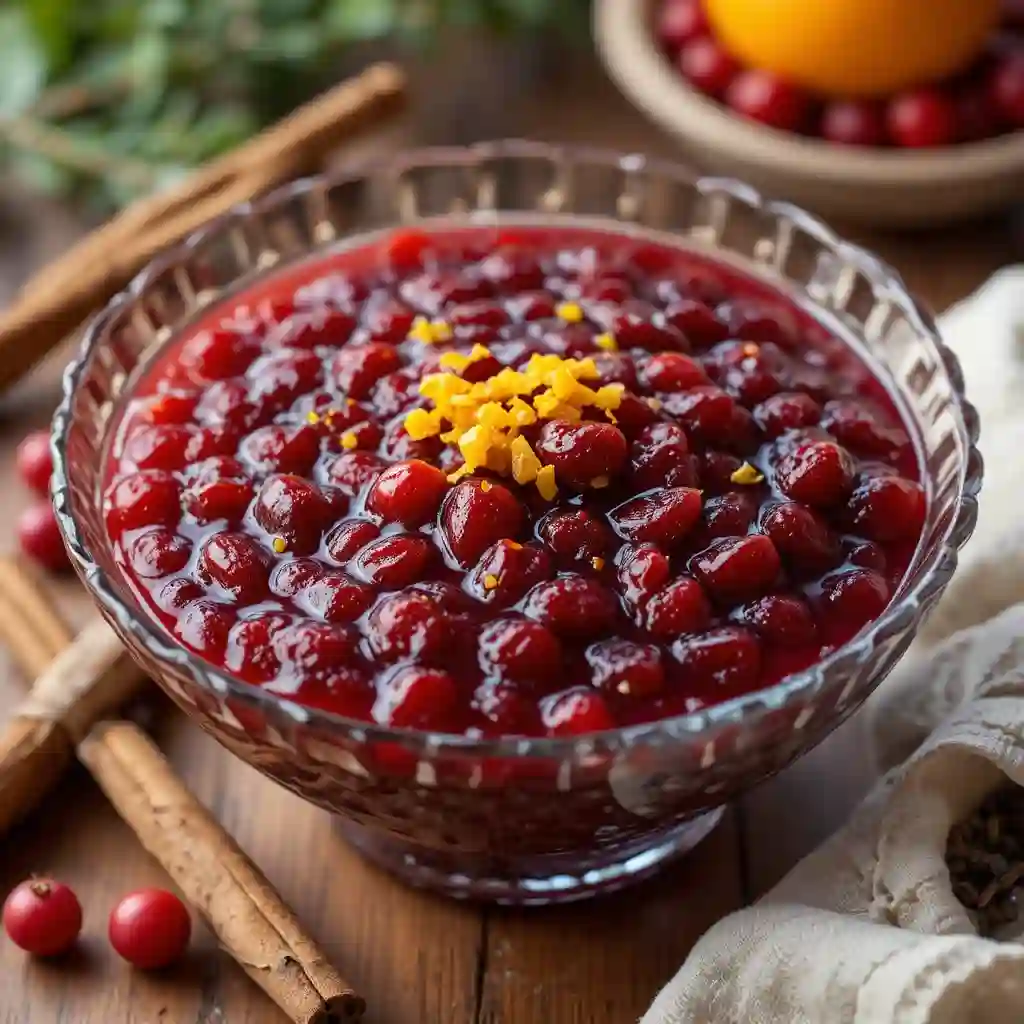 Homemade sugar free cranberry sauce in a rustic bowl, garnished with fresh orange zest