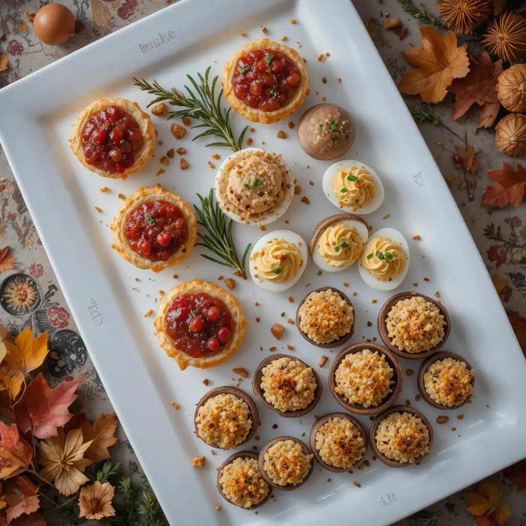 easy Thanksgiving appetizers platter with cranberry brie bites, deviled eggs, and stuffed mushrooms