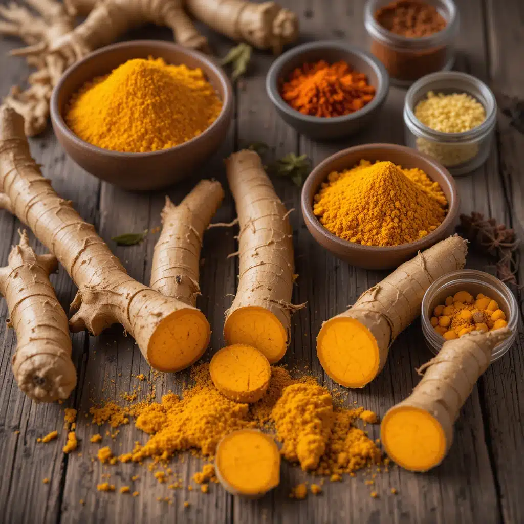 Turmeric spice with fresh roots on wooden table