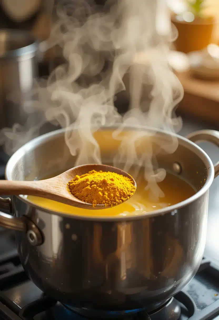 Preparing golden milk with turmeric spice in saucepan