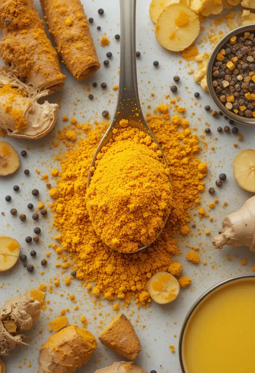 Ingredients for turmeric spice recipes with golden milk