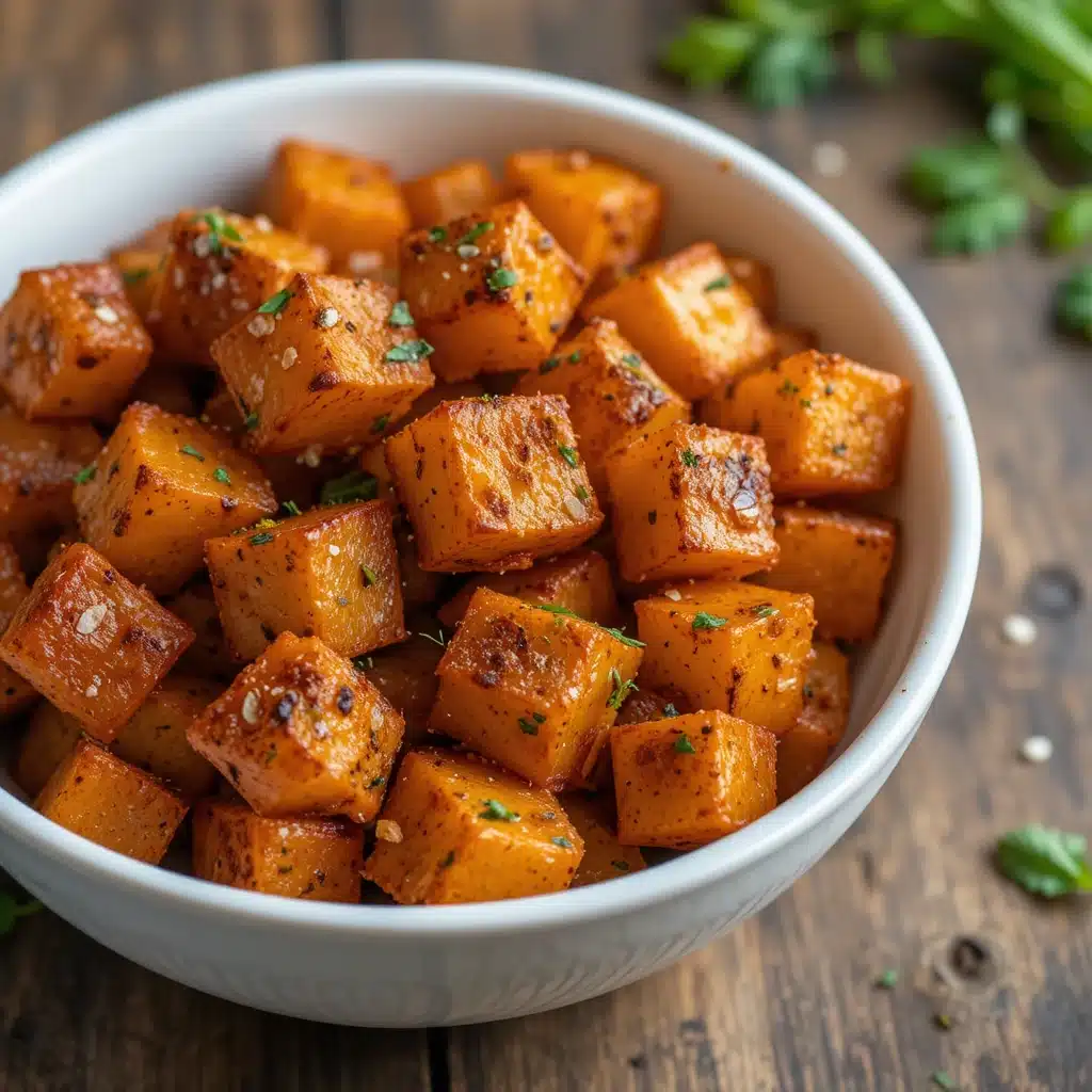 Golden crispy air fryer sweet potato cubes served in a white bowl on a rustic wooden table