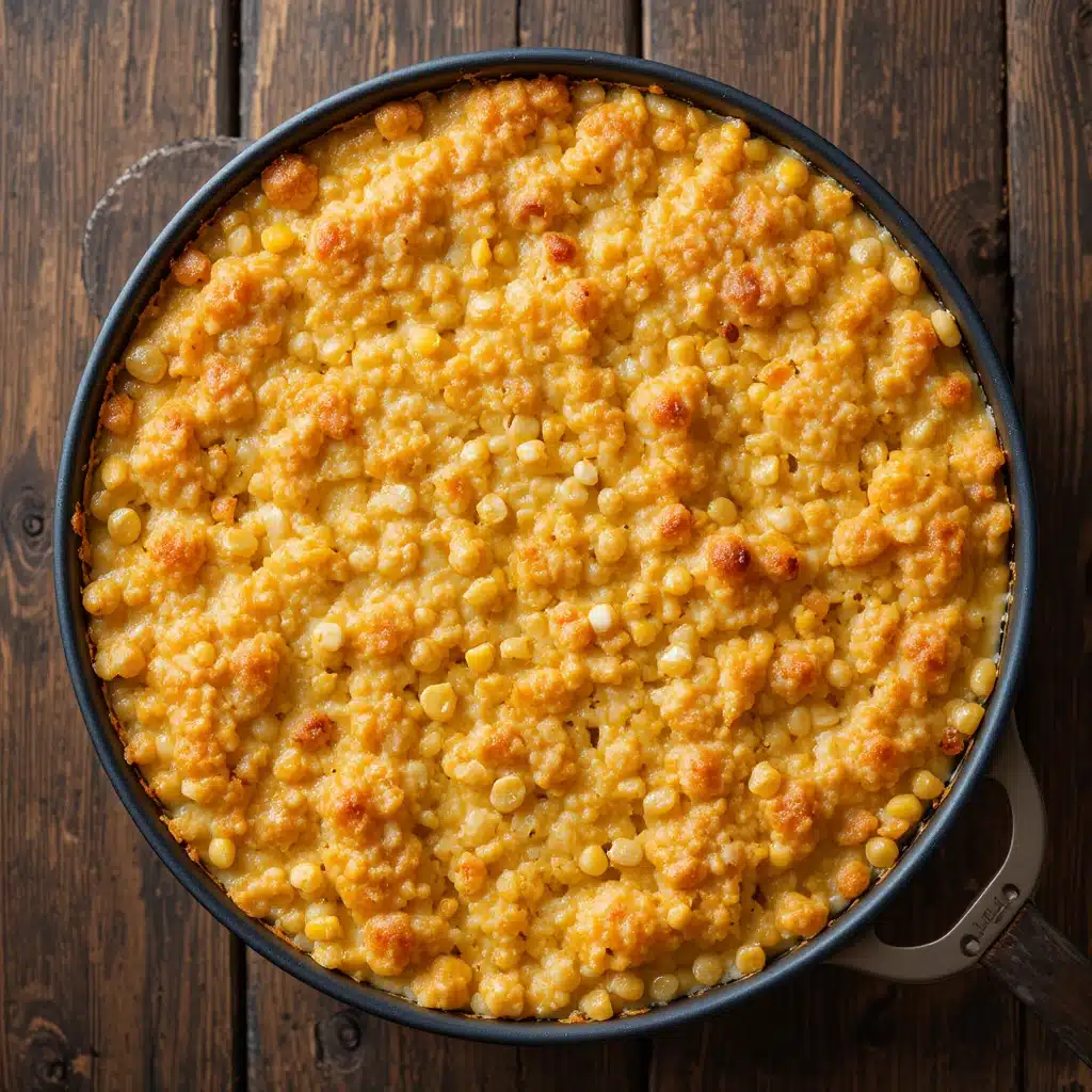 Golden corn casserole baked without mix, creamy and golden, in a rustic baking dish.