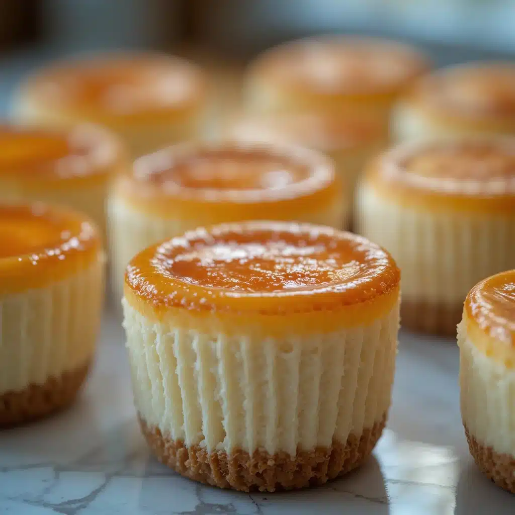 Crème brûlée cheesecake cupcakes with caramelized tops and creamy centers on a marble surface.