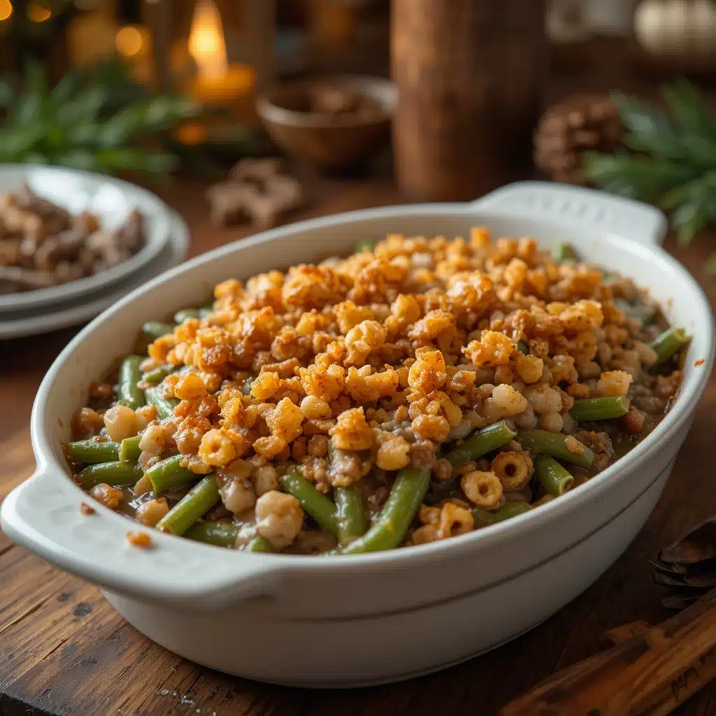Classic French’s green bean casserole baked until golden brown with crispy fried onions on top