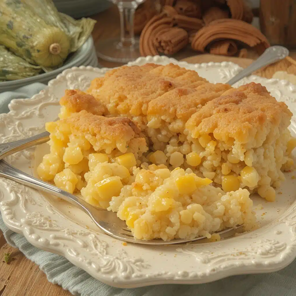 Classic Paula Deen Corn Casserole baked until golden and creamy, served in a rustic white baking dish on a wooden table.