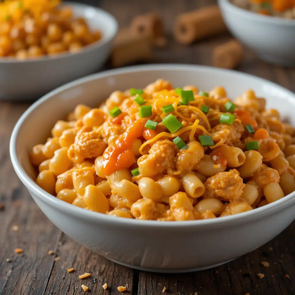 Creamy buffalo chicken mac and cheese topped with melted cheddar and buffalo sauce, garnished with green onions.