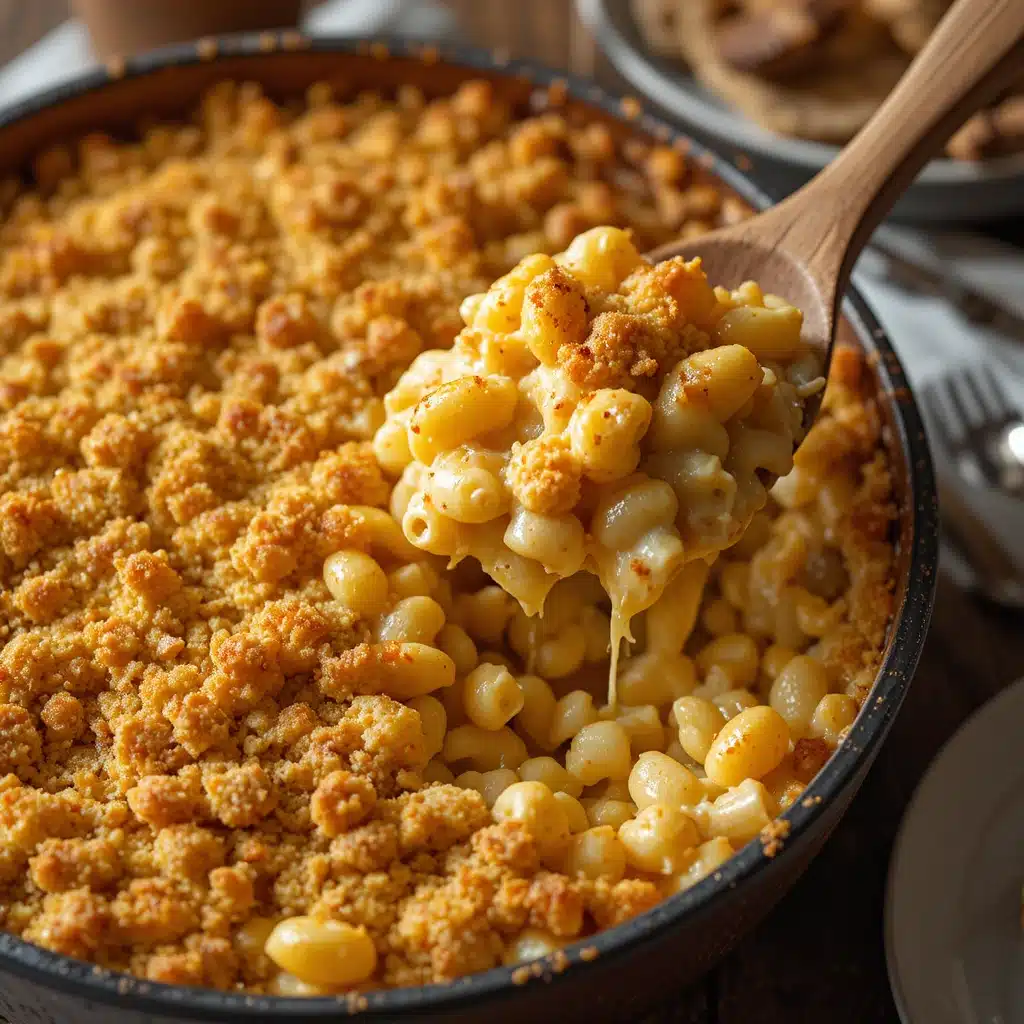 Golden baked mac and cheese in a rustic casserole dish with crispy breadcrumb topping