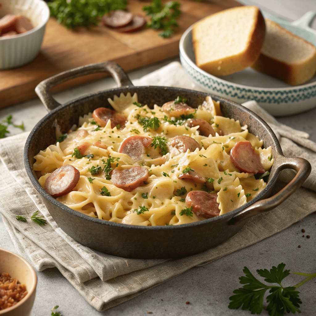 Creamy smoked sausage pasta in a skillet with melted cheese and parsley on top.