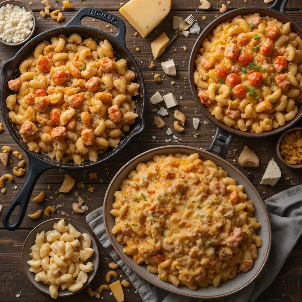 Three creative mac and cheese variations—lobster, buffalo chicken, and vegan cashew—styled with different cheeses and pasta shapes on a rustic table.