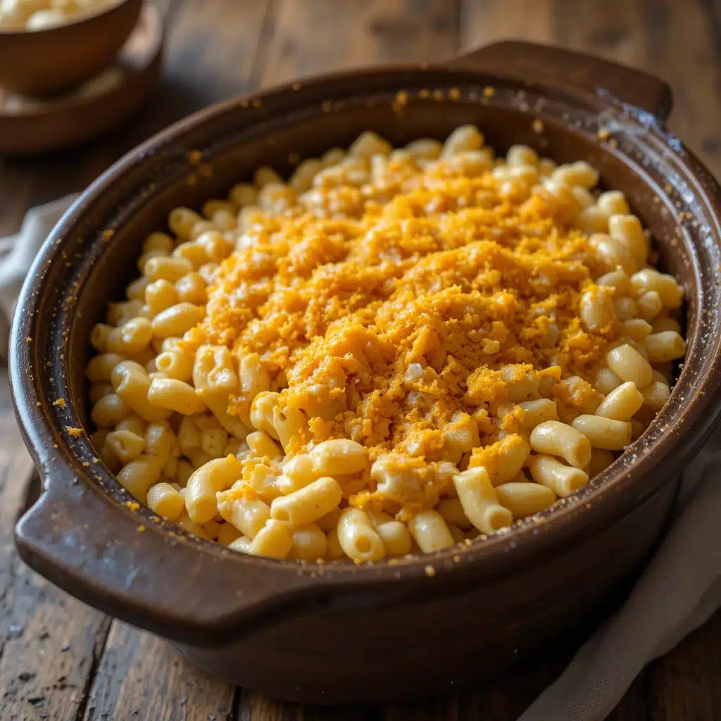 Creamy crockpot mac and cheese in a slow cooker with melted cheddar cheese on top.