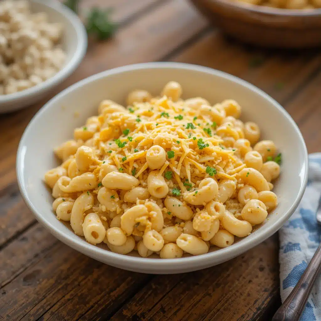 Creamy gluten-free mac and cheese served in a rustic bowl topped with cheddar and parsley