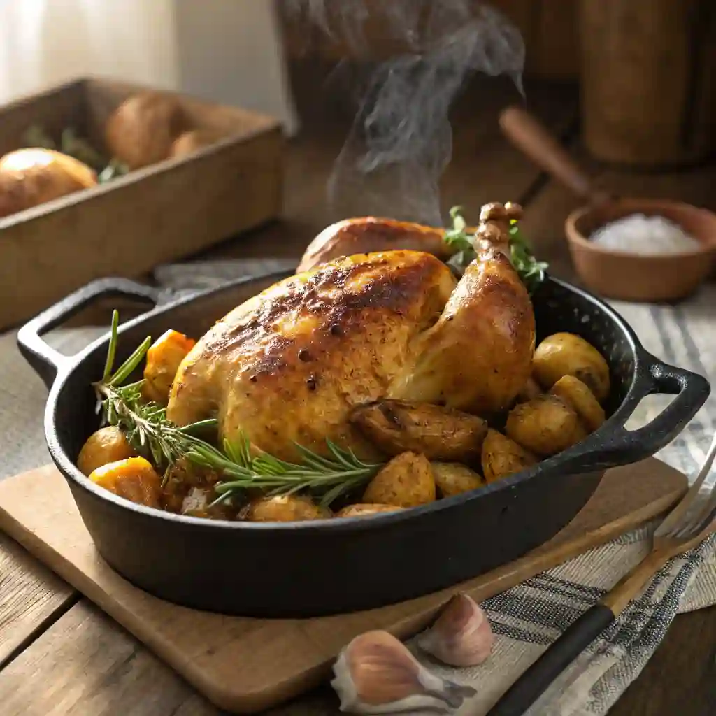 golden roasted whole chicken surrounded by crispy