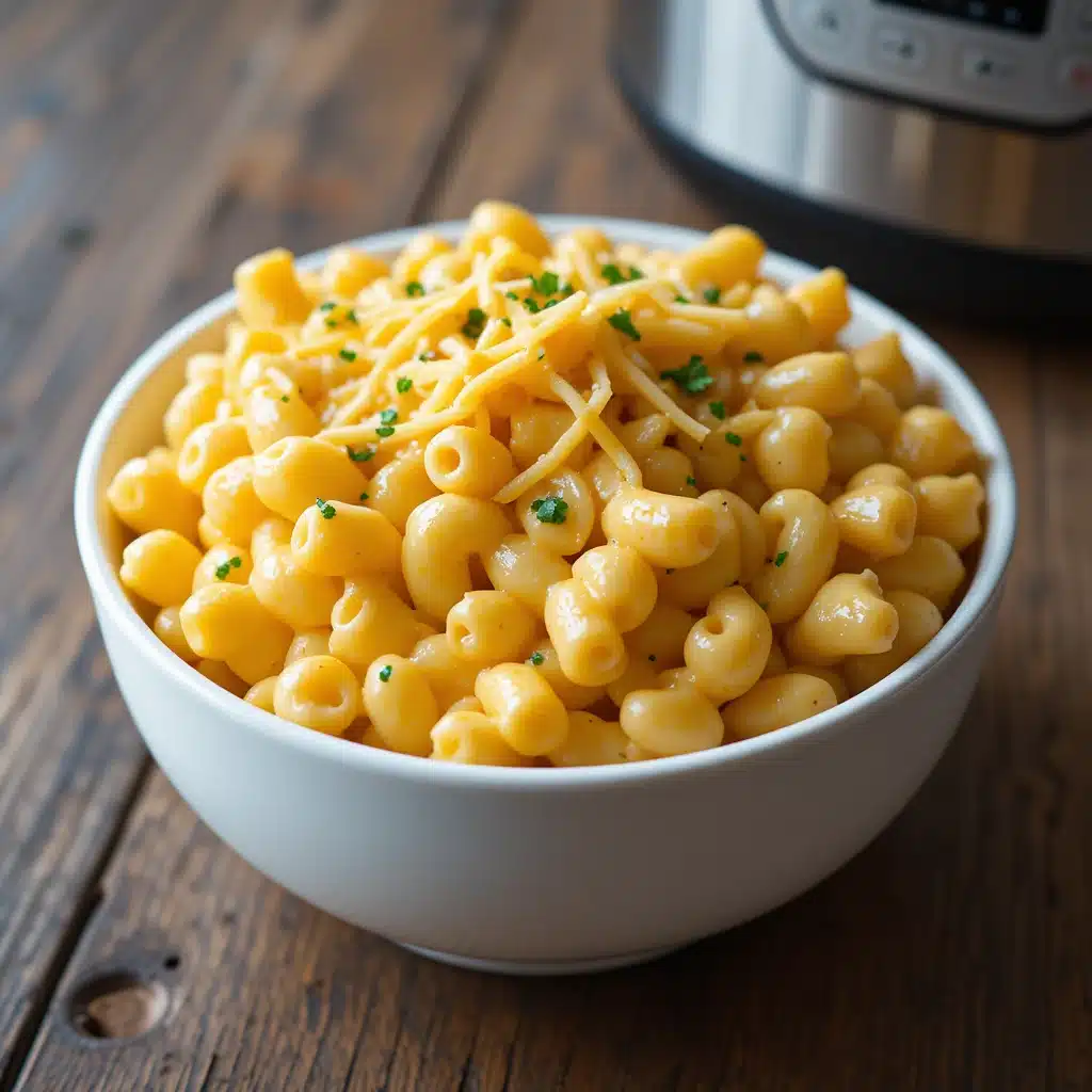 Creamy instant pot mac and cheese in a bowl with melted cheddar and parsley garnish