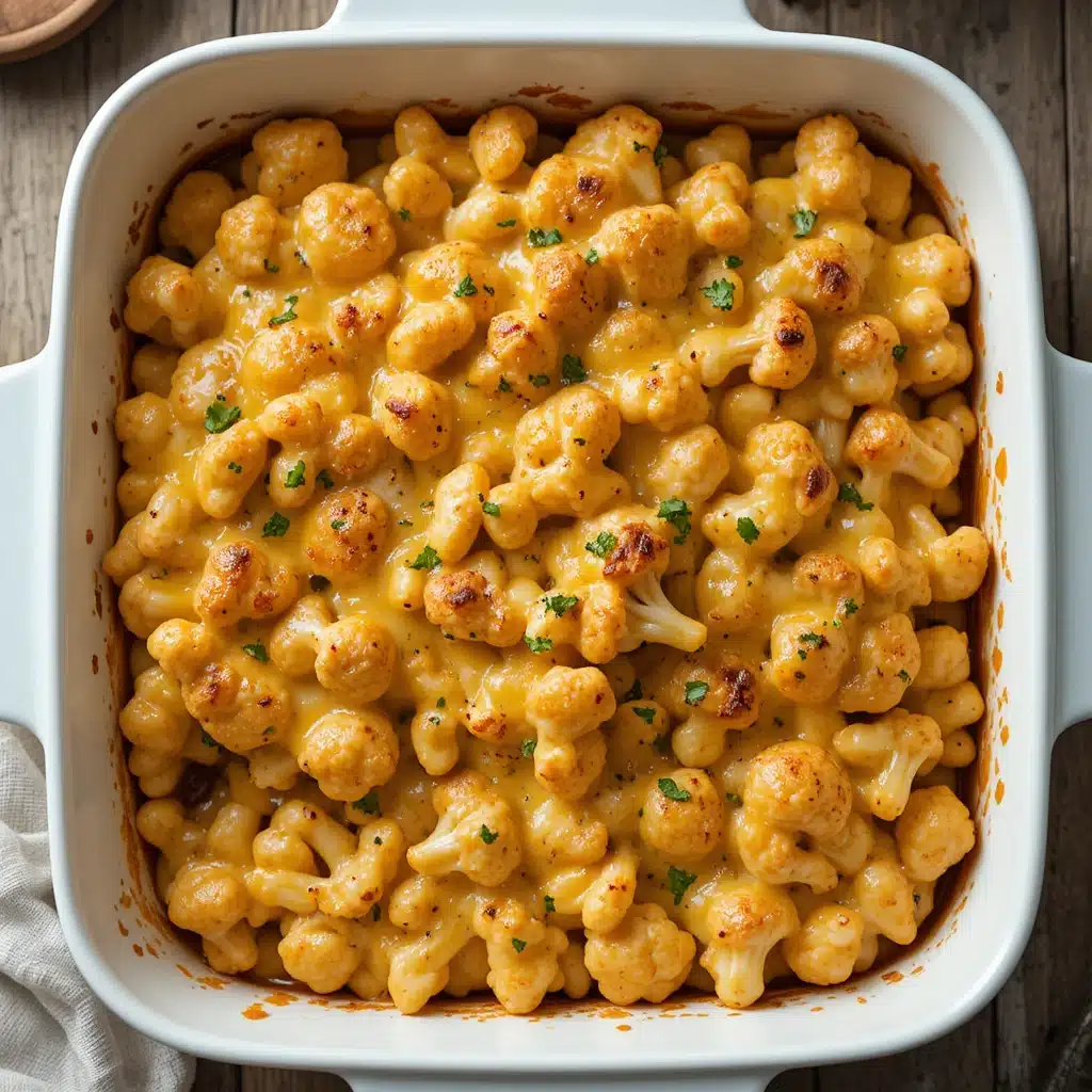 Golden keto cauliflower mac and cheese in a rustic baking dish topped with parsley.