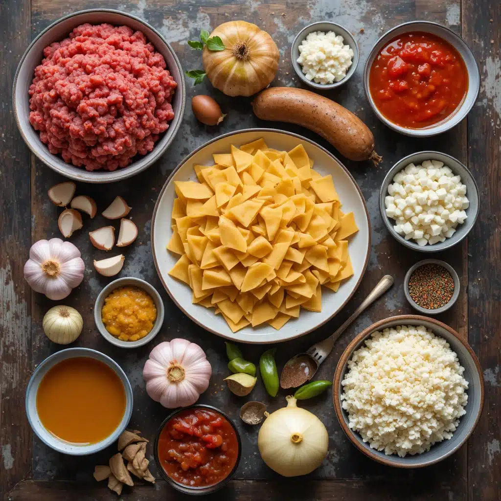 Lasagna soup ingredients including meat, pasta, sauce, and cheese