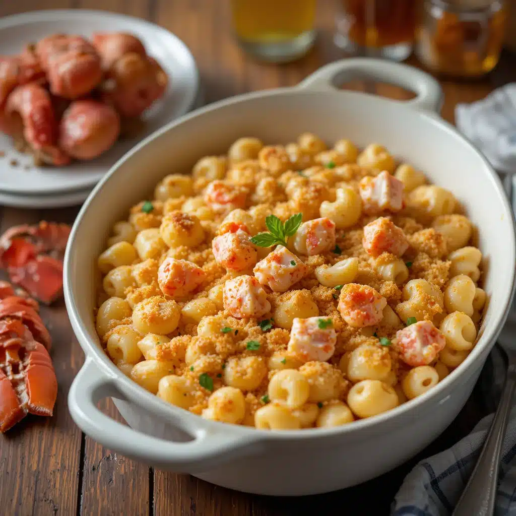 Baked lobster mac and cheese with lobster chunks and golden breadcrumb crust in a casserole dish.