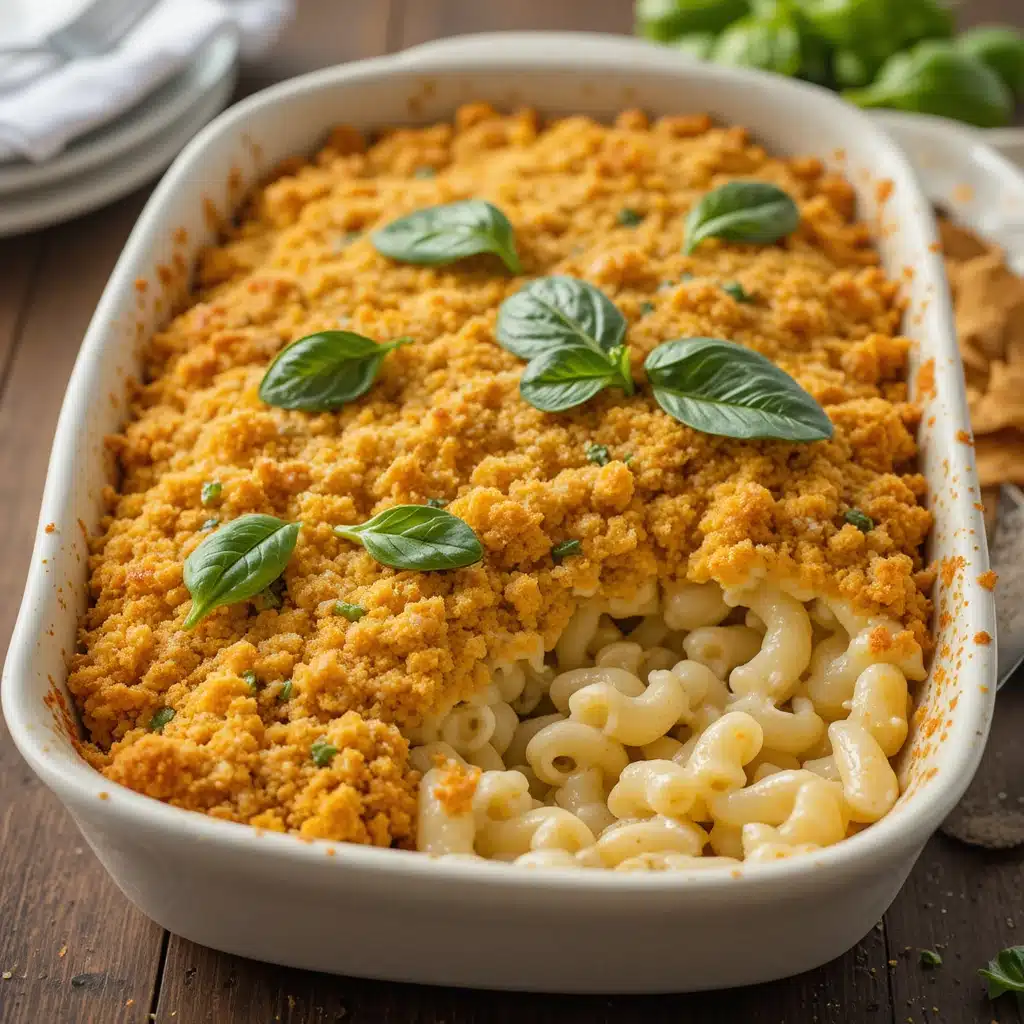 Healthy baked mac and cheese with golden breadcrumbs and spinach in a rustic dish