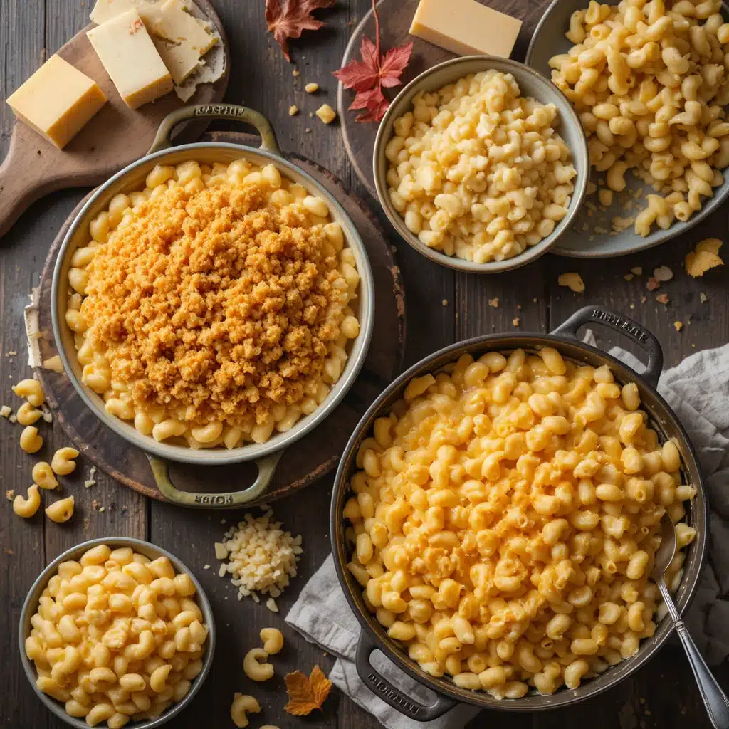 Three classic mac and cheese recipes variations—baked with crust, creamy stovetop, and southern cheesy skillet—styled with different cheeses and pasta shapes on a rustic table.