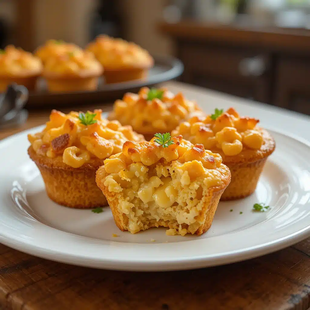 Bite-sized mac and cheese muffins with golden breadcrumb topping, served in a muffin tin.