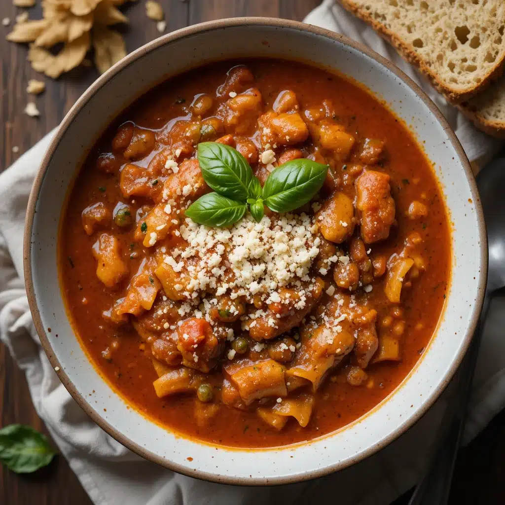 Served bowl of lasagna soup with herbs and bread