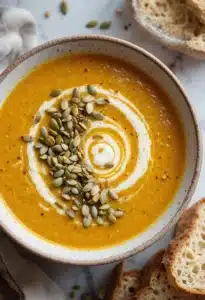 served autumn squash soup with toppings