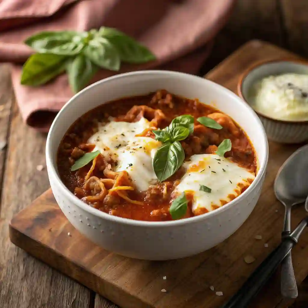 Slow cooker lasagna soup in white bowl with cheese and basil on wooden table
