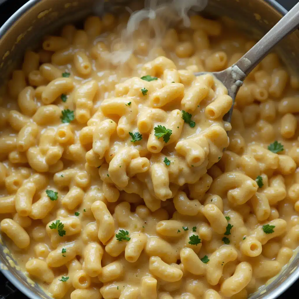 A pot of creamy stovetop mac and cheese with melted cheddar coating macaroni