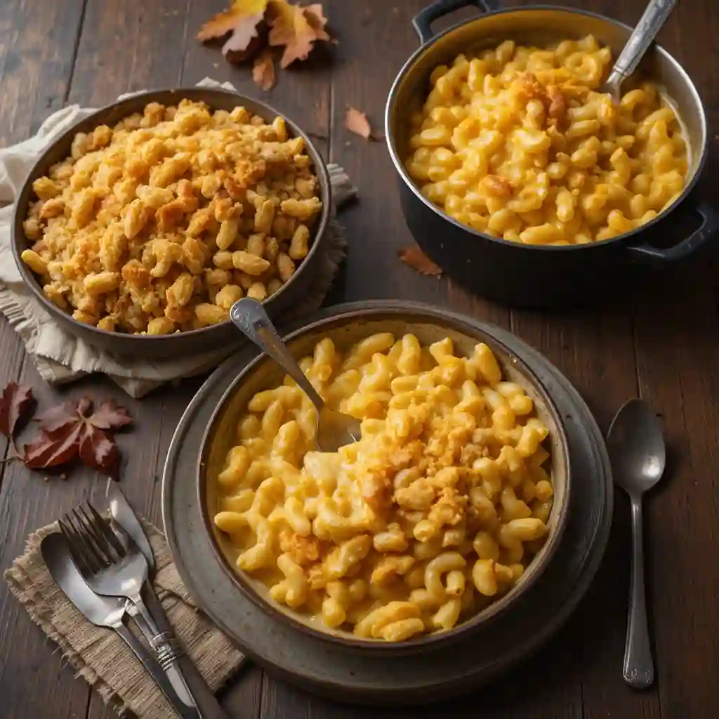 Three types of mac and cheese recipes served on a rustic wooden table: baked with golden crust, stovetop creamy version, and southern cheesy skillet, surrounded by different cheeses and pasta shapes.