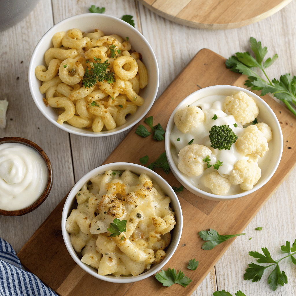 Three healthy mac and cheese bowls: gluten-free, low calorie, cauliflower