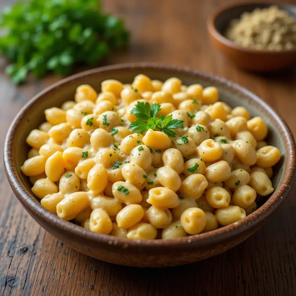 Creamy vegan mac and cheese with cashew sauce served in a rustic bowl