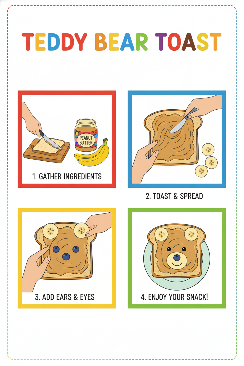 🧸🥜 A simple 4-step visual recipe showing how to create teddy bear toast