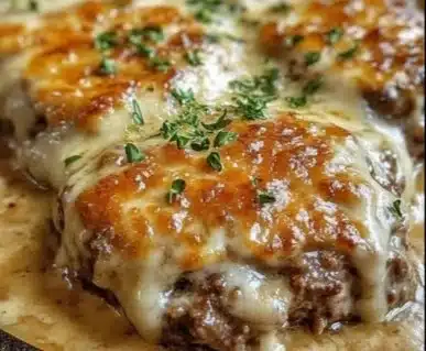 Amish Hamburger Steak Bake served on a plate with rich gravy and vegetables