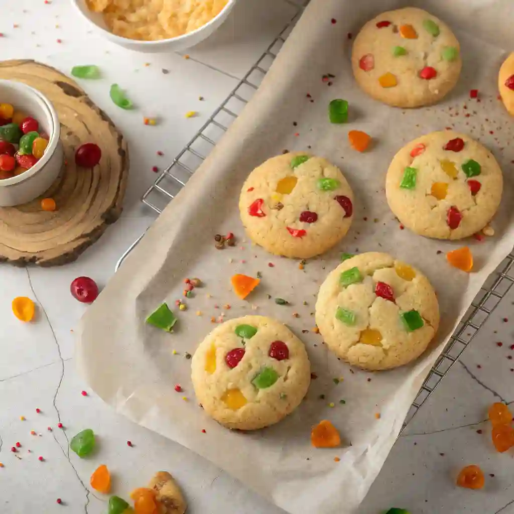 an overhead view of sticky butter cookies studded