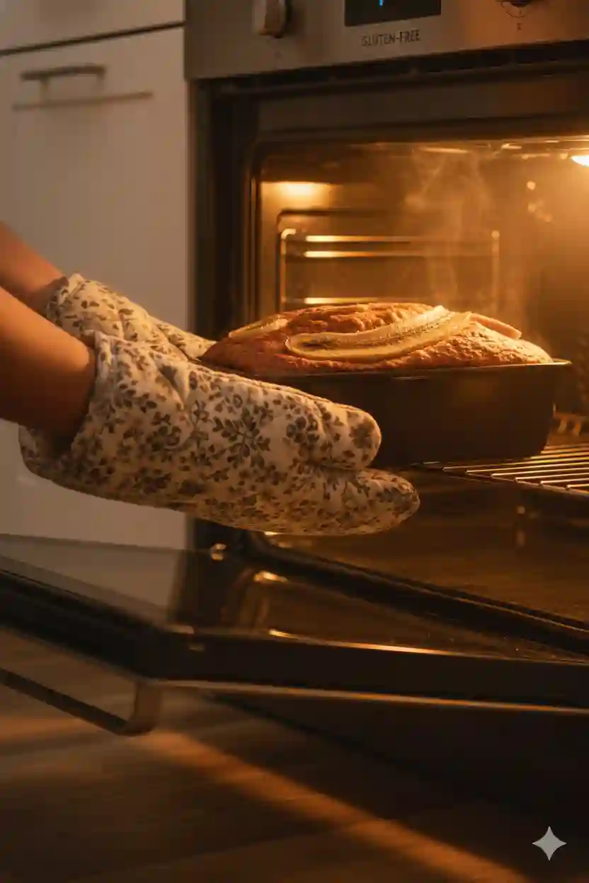 : Banana bread loaf being taken out of oven
