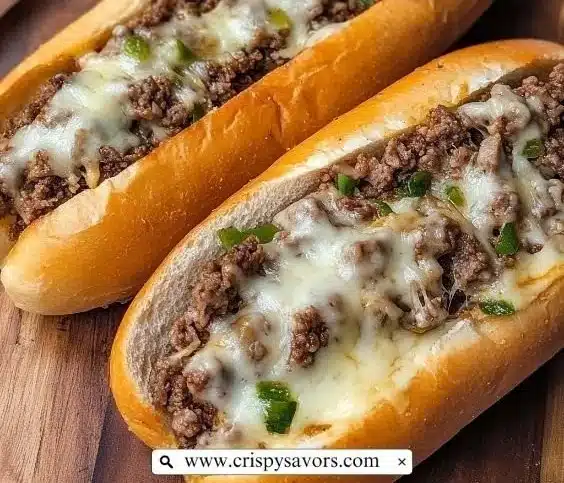 Delicious Ground Beef Philly Cheesesteak sandwich served with toppings and cheese