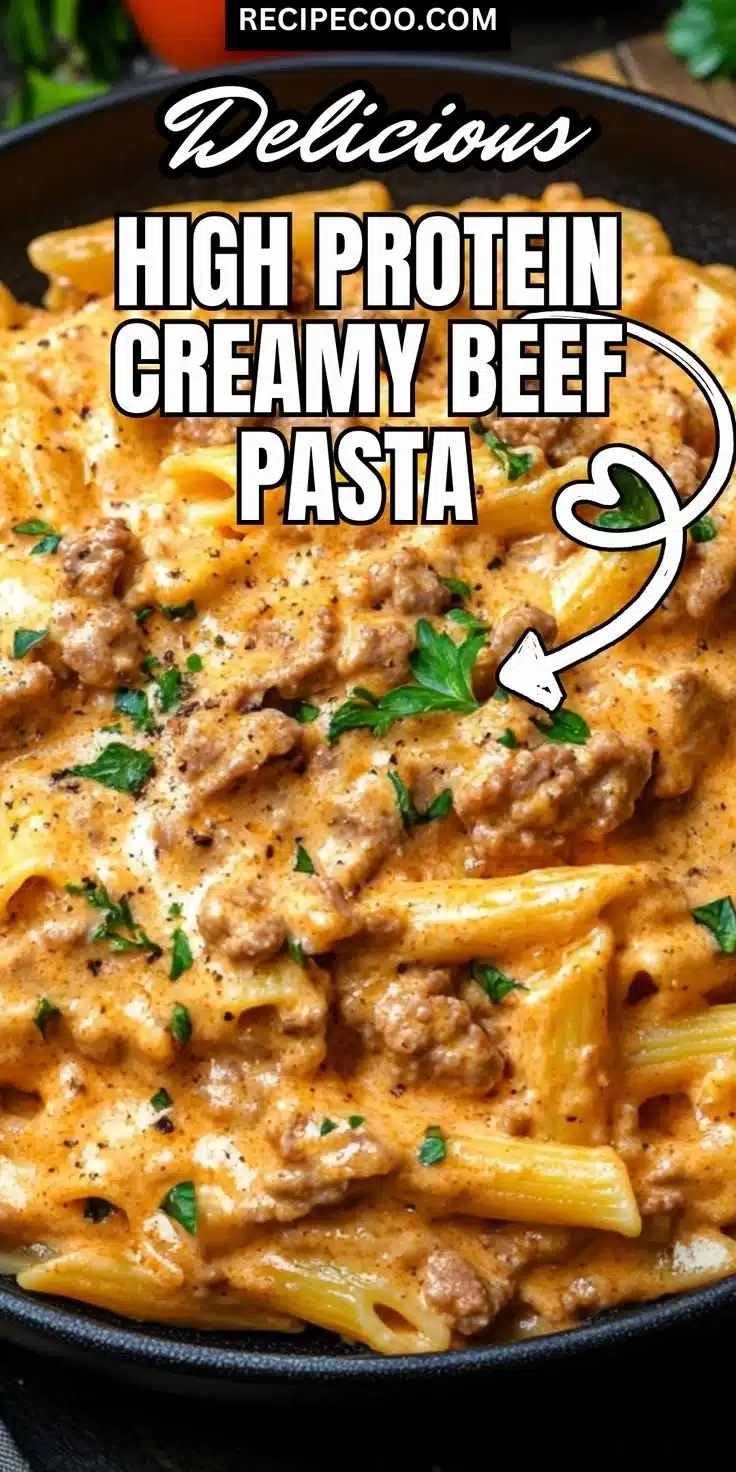 High protein creamy beef pasta dish ready for a quick weeknight dinner.