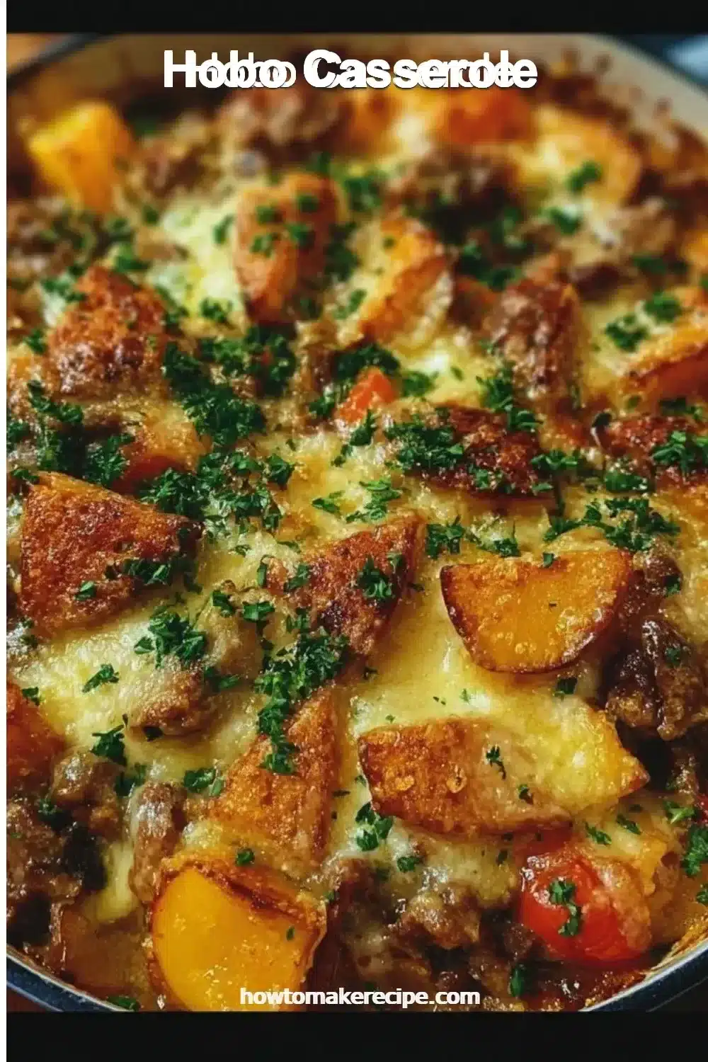 A delicious Hobo Casserole dish served in a baking tray, packed with vegetables and meat.