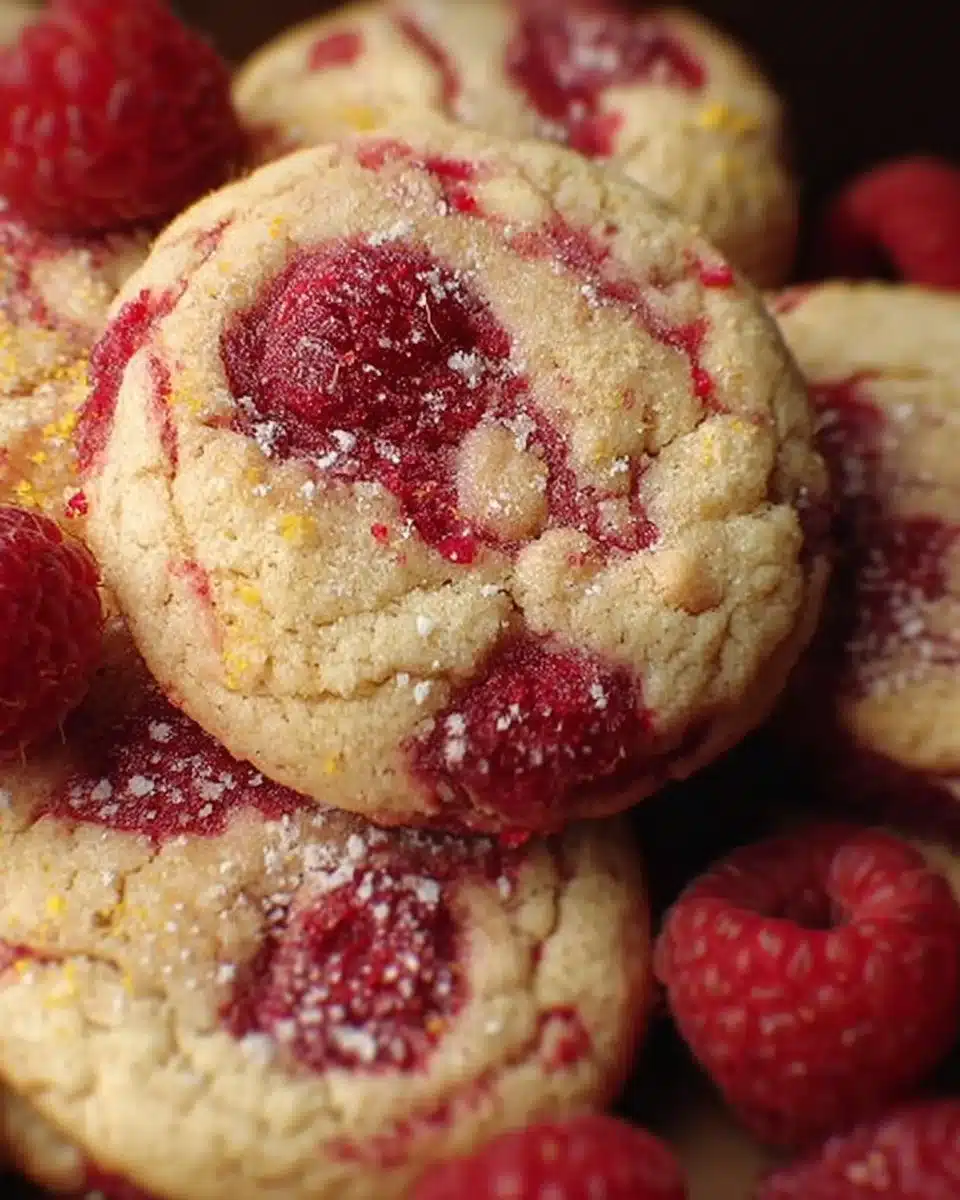 Plate of freshly baked lemon raspberry cookies with a drizzle of icing