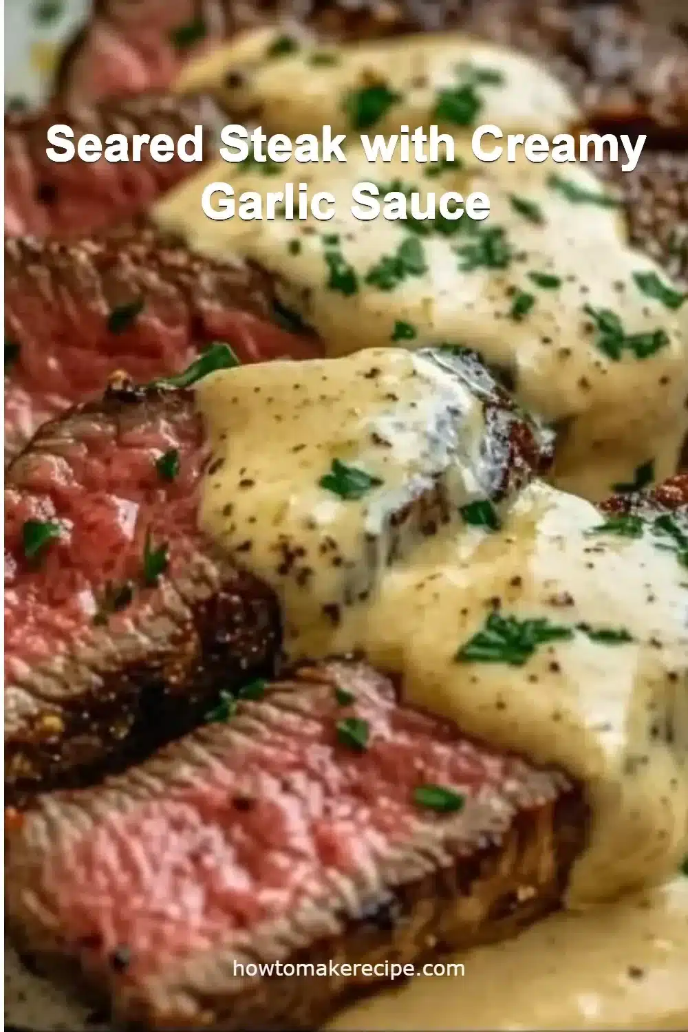 Seared steak served with creamy garlic sauce on a plate