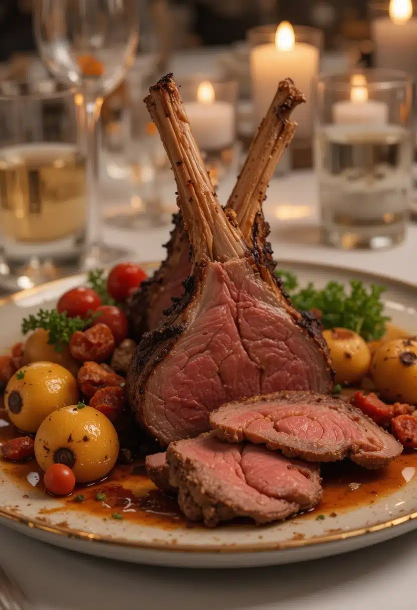 sliced grilled rack of lamb plated