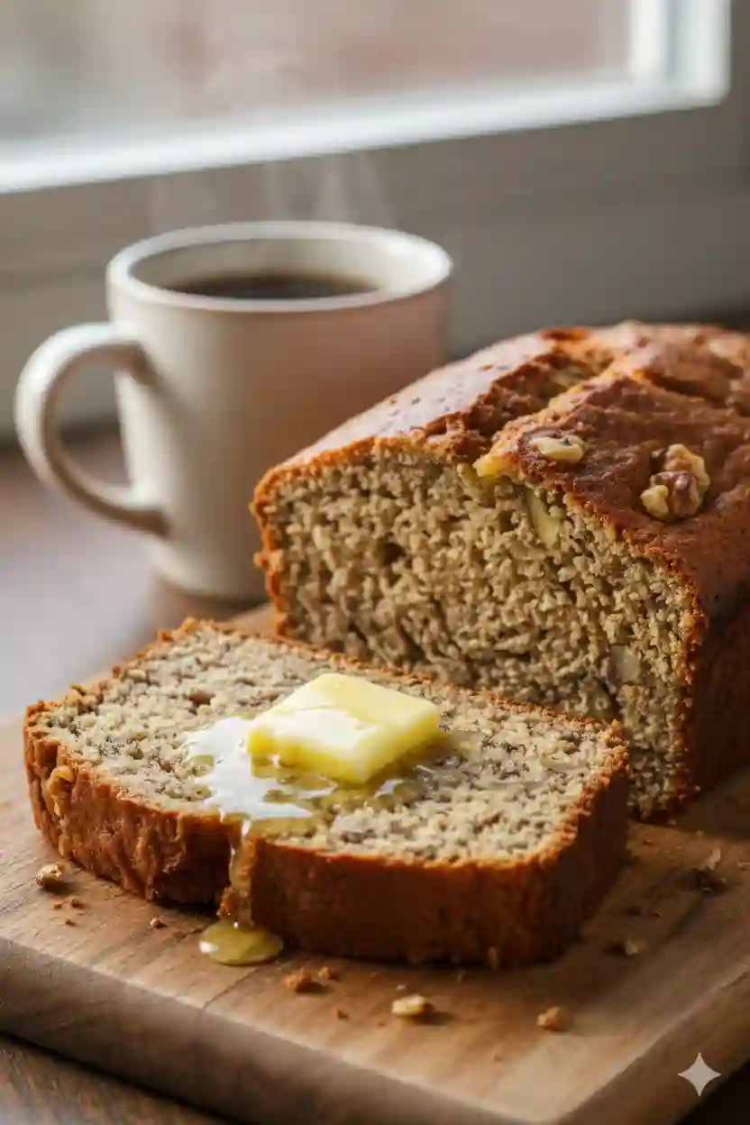 Slice of gluten free banana bread with butter on top