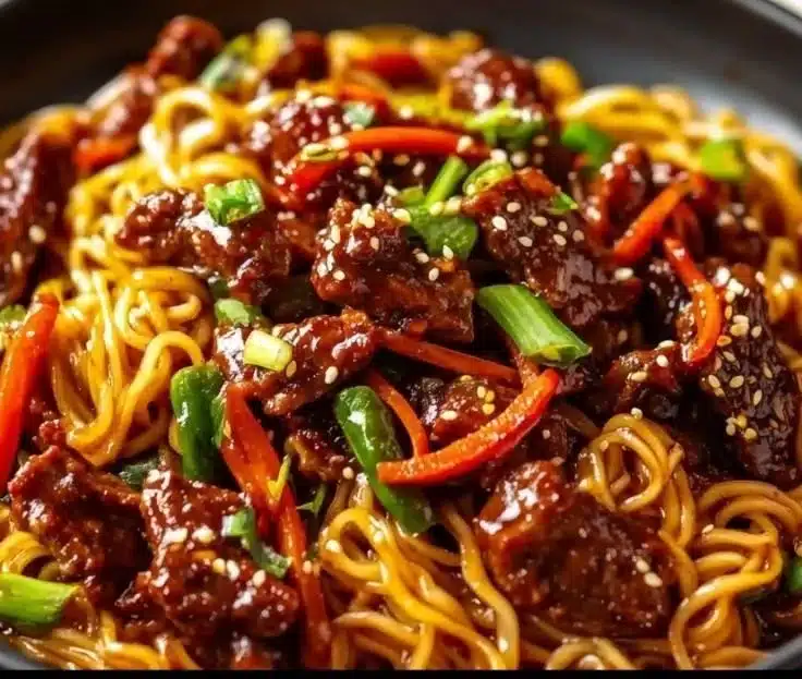 Delicious sticky beef noodles served in a bowl with fresh herbs and vegetables.