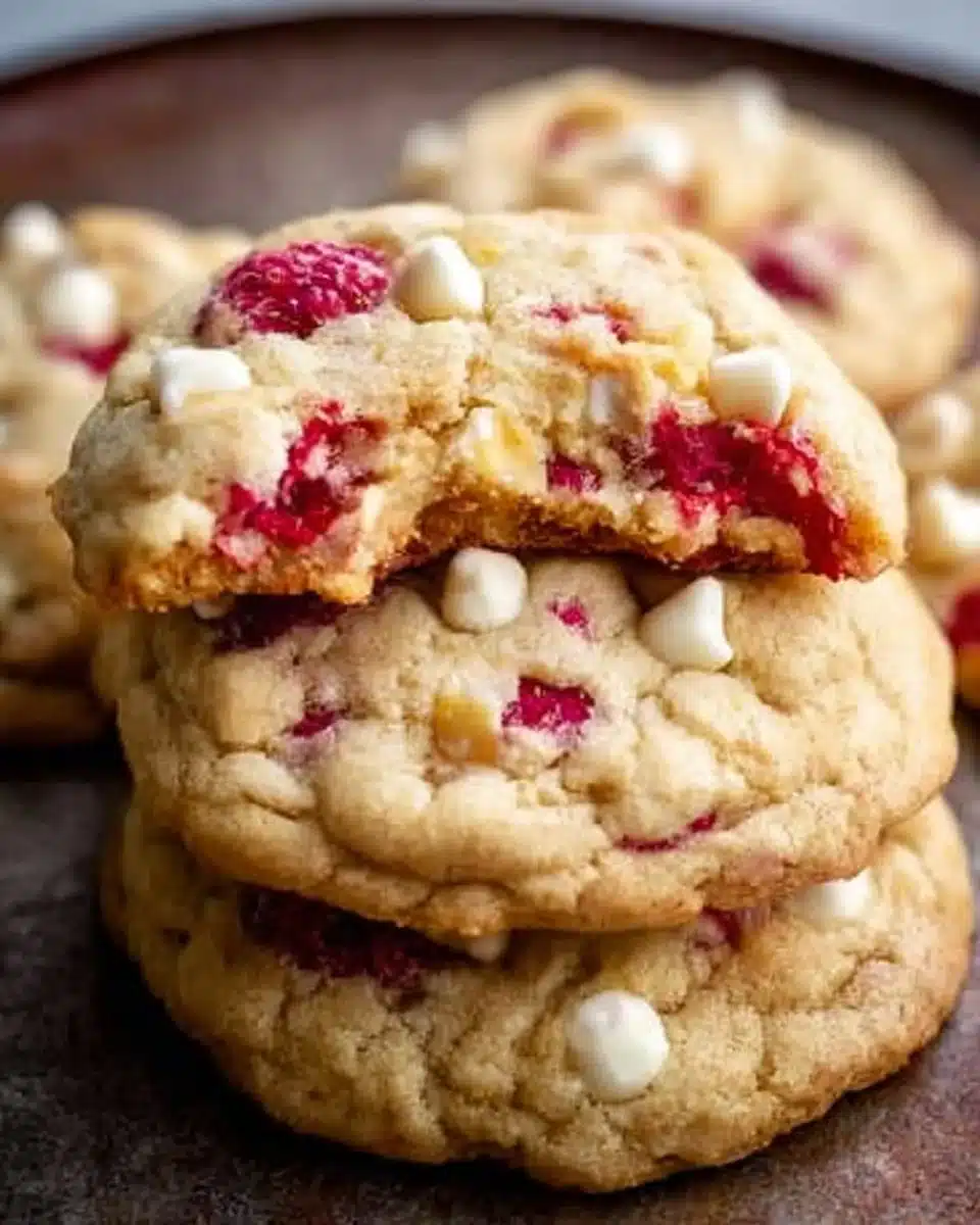 Bakery style raspberry white chocolate cookies with fresh berries and chocolate chunks