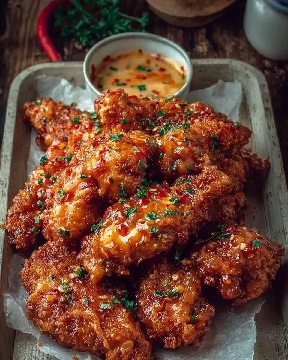 Plate of delicious Bang Bang Chicken garnished with sesame seeds and green onions