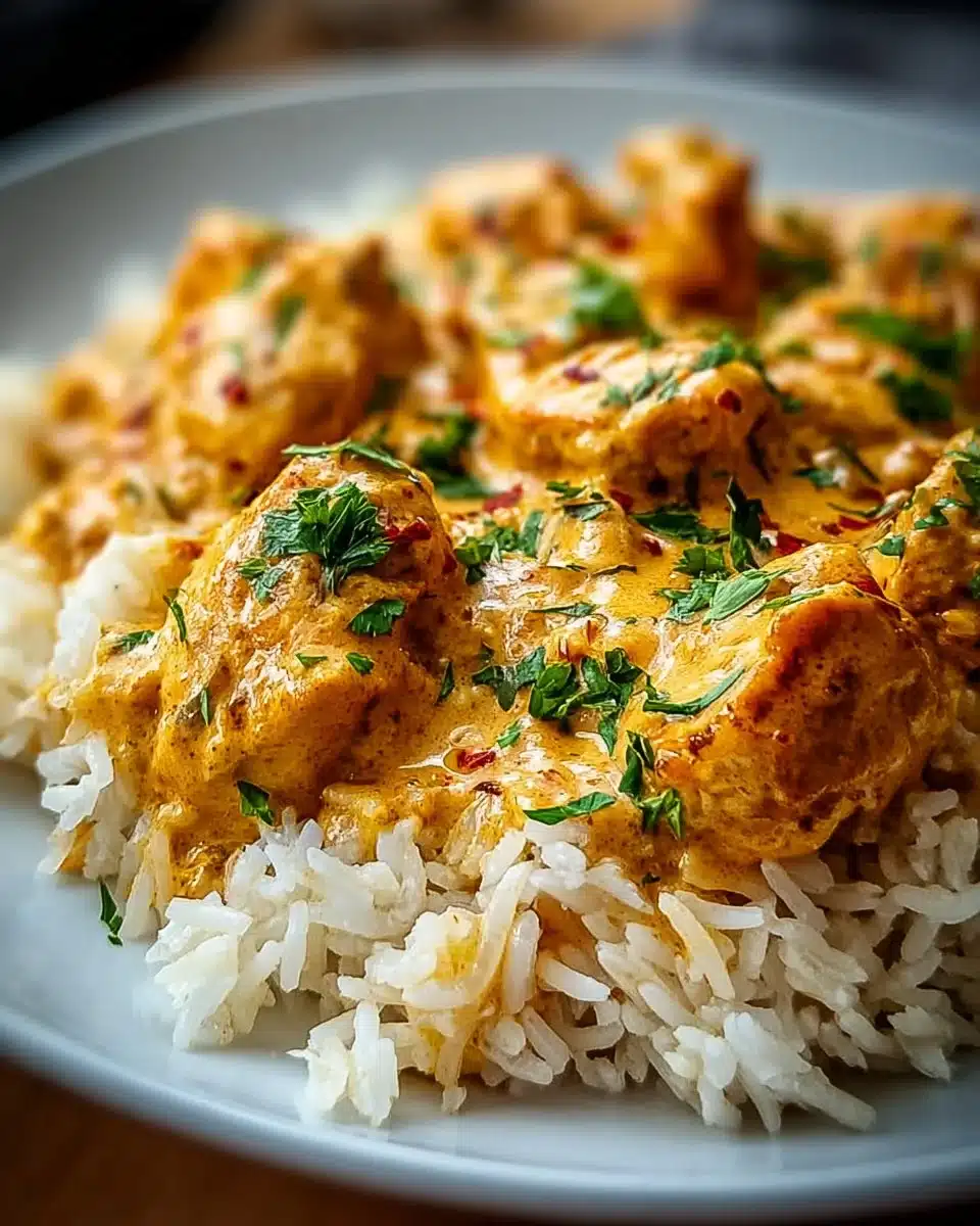 Delicious smothered chicken served over fluffy rice garnished with herbs